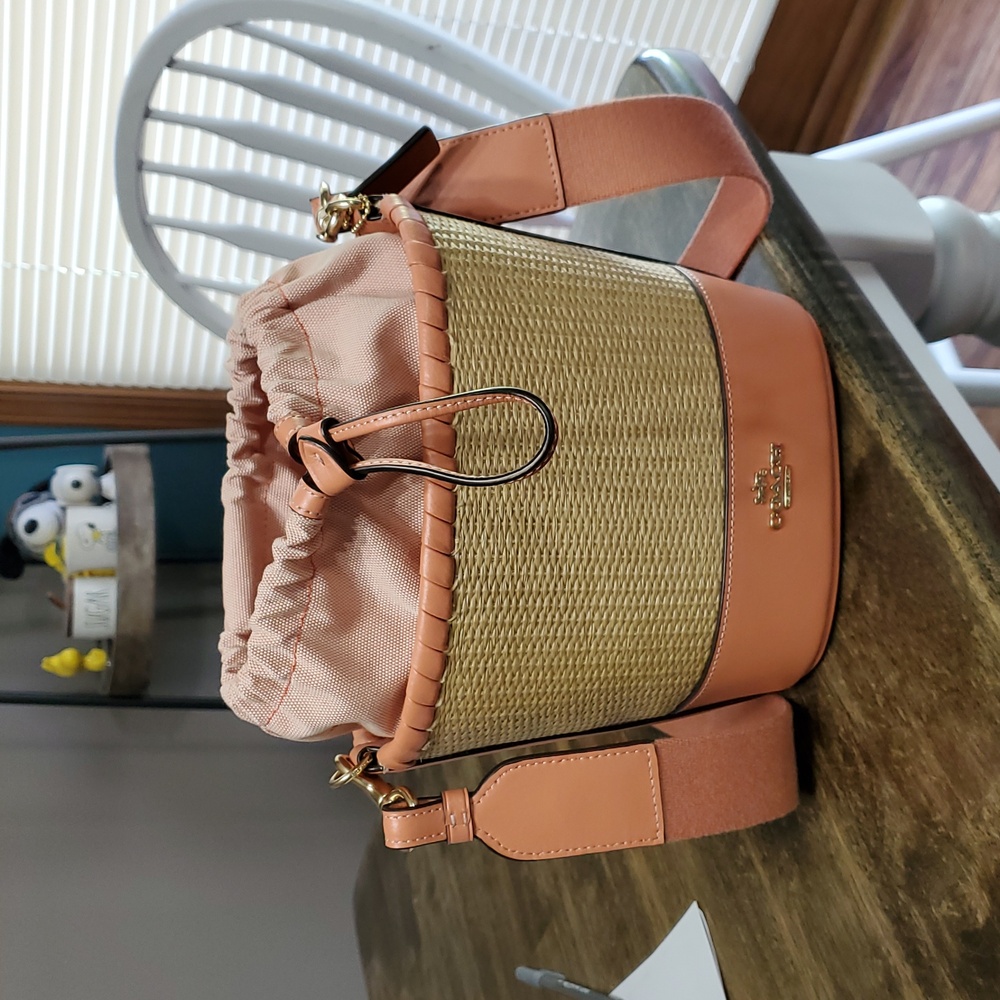 STRAW BUCKET BAG (COACH F72707) Lt Coral New Without Tags